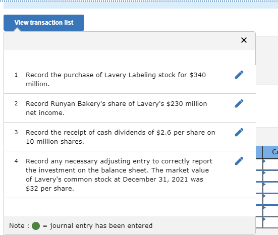View transaction list Record the purchase of Lavery Labeling stock for $340 million. 2 Record Runyan Bakerys share of Lavery