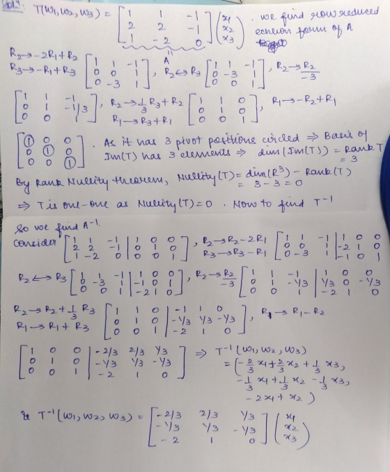 : TWOW., W3 ) 1 74 we find row reduced 2 2 FC echeion form of a R₂ - R14 R2 R3-R1 + R3 - 0 3 -3 0 1. -3 - 7 O ove = 3 A ] ROR