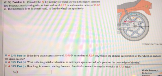 (11%) Problem 9: Consider the 17 kg motorcycle wheel shown in the figure. Assume it to be approximately a ring with an inner