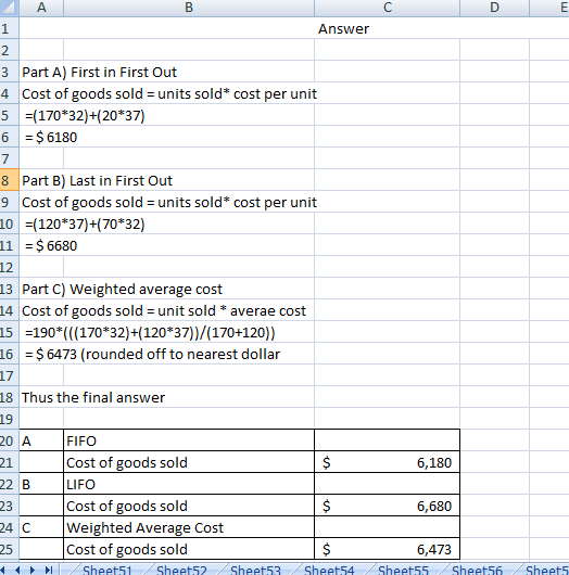 2 A Answer 3 Part A) First in First Out 4 Cost of goods sold = units sold* cost per unit 5 =(170*32)+(20*37) 6 = $ 6180 8 Par