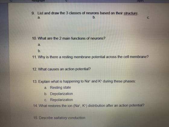 Paragraph les 9. List and draw the 3 classes of neurons based on their structure a. b. C. 10. What are the 2 main functions of neurons? a. b. 11. Why is there a resting membrane potential across the cell membrane? 12. What causes an action potential? 13 Explain what is happening to Nat and K during these phases a. Resting state b. Depolarization c. Repolarization 14 What restores the ion (Na , K) distribution after an action potential? 5 Describe saltatory conduction