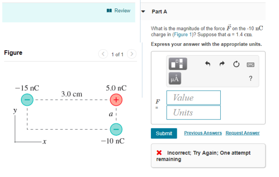 ReviewPart A What is the magnitude of the force F on the -10 nC charge in (Figure 1)? Suppose that a 1.4 cm. Express your answer with the appropriate units Figure 1 of 1 15 nC 5.0 nC 3.0 cm Value Units Submit ious Ans Request Ans 10 nC Incorrect; Try Again: One attempt remaining