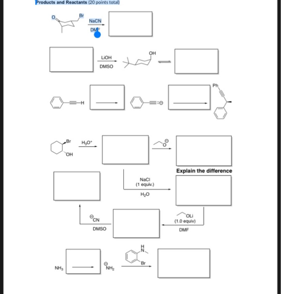 Products and Reactants (20 points total) LIOH DMSO Explain the difference NaCl (1 equiv.) H20 • CN OLI (1.0 equiv) DMSO DMF