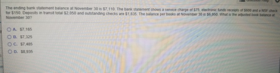 The ending bank statement balance at November 30 is $7,110. The bank statement shows a service charge of $75, electronic fund