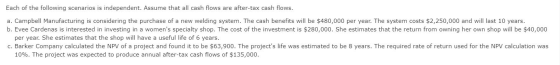 Each of the following scenarios is independent. Assume that all cash flows are after-tax cash flows. a. Campbell Manufacturin