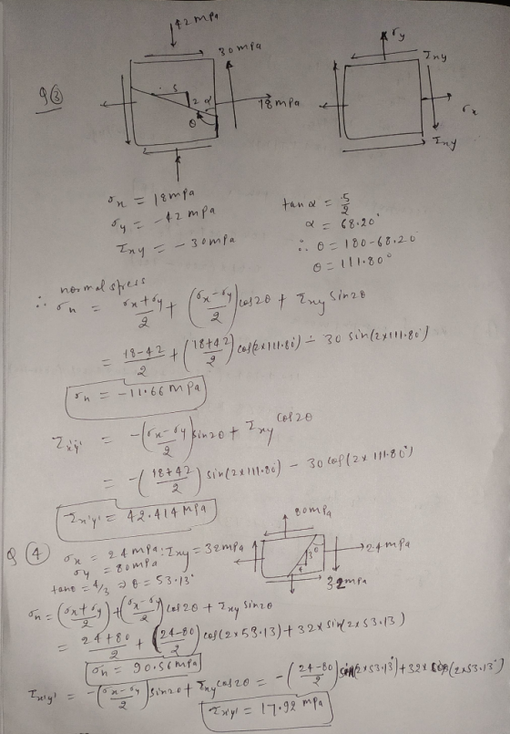 142 mpa & 3ompa Iny Tompa at 2 n=18mpa y = - 42 mpa tana = 2 a = 68.20 0=180-68.20 Iny = -3ompa o=111. 800 normal stress ..on