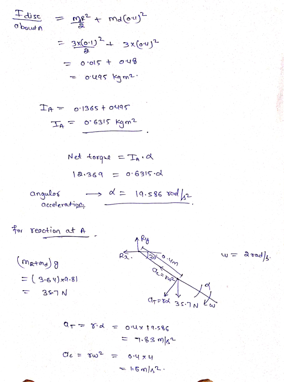 I disc about a MR² + malouge = 3x(0.19 + 3x604)? Ool5 + 0.48 ouas kg m². TA = 0:1365 t 0495 IA = 0-6315 kgm? Net torque = IA