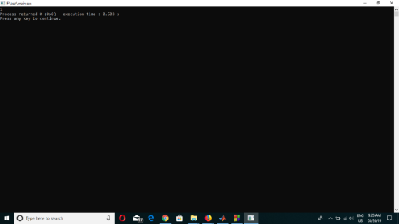 Filtestimain.exe Process returned θ (8x8) execution time : 0.583 s Press any key to continue O Type here to search ENG 928 AM