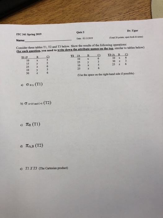 Dr. Ugur Quiz 2 ITC 341 Spring 2019 Name: Consider three tables TI, T2 and T3 below. Show the results of the following operat