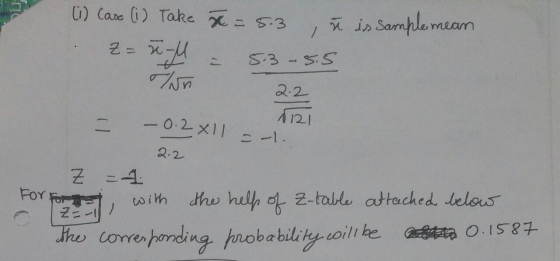 (i) Case (i) Take 7 = 5.3 , n is Sample mean z = n = 5.3-5.5 TNn 2.2 1121 -0.2x11 2.2 -1. Z = 1 For fort with the help of Z-t