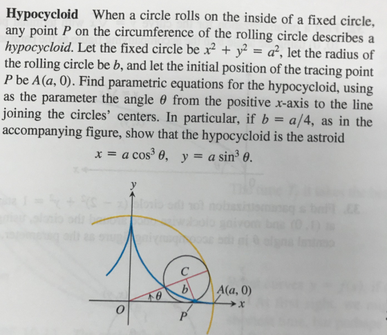 Hypocycloid When a circle rolls on the inside of a fixed circle, any point P on the circumference of the rolling circle describes a hypocycloid. Let the fixed circle be x2 + y2 = a, let the radius of the rolling circle be b, and let the initial position of the tracing point P be A(a, 0). Find parametric equations for the hypocycloid, using as the parameter the angle θ from the positive x-axis to the line joining the circles centers. In particular, if b a/4, as in the accompanying figure, show that the hypocycloid is the astroid x = a cos3 θ, y = a sin3 θ bA(a, 0)