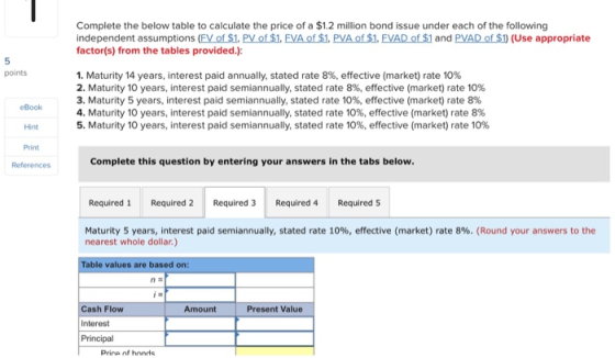 Complete the below table to calculate the price of a $1.2 million bond issue under each of the following independent assumpti