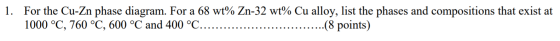 1. For the Cu-Zn phase diagram. For a 68 wt% Zn-32 wt% Cu alloy, list the phases and compositions that exist at 1000 °C, 760