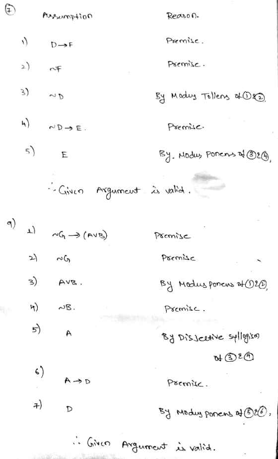 Assumption Reason. 1) Premise. DF 2) Premise. NF 3) By Modus Tollens ofO2. DE Premise. 5) E By. Modus Poners at , . Given Arg