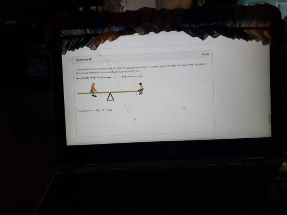 10 pts Question 16 The uniform seesaw is balmed its center of mass, as seen below. The smaller boy on the right has a mass of
