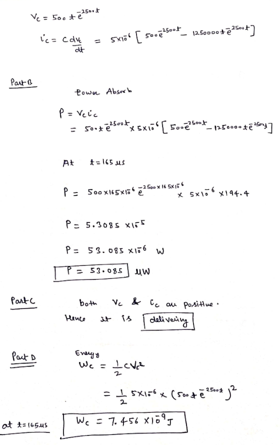 Vc = 500 te ce Cove = 5xion [ socê sor- 1250000tē2500+] Part B towar Absorb P = Veic = Soutē25o04x5xco[ Souésoof-12.50000 tê