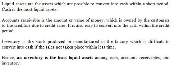 Cash is the most liquid assets. Accounts receivable is the amount or value of money, which is owned by the customers to the creditors due to credit sales. It is also easy to convert into the cash within the credit period Inventory is the stock produced or manufactured in the factory which is difficult to convert into cash if the sales not taken place within less time Hence, an inventory is the least liquid assets among cash, accounts receivables, and inventory