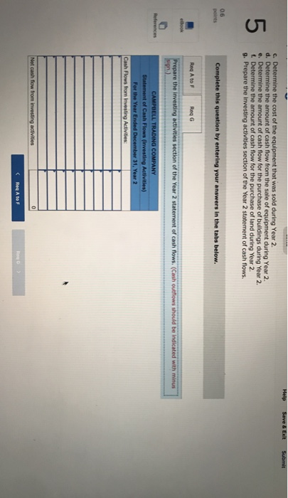 Help Save & Exit Submit c. Determine the cost of the equipment that was sold during Year 2 d. Determine the amount of cash fl