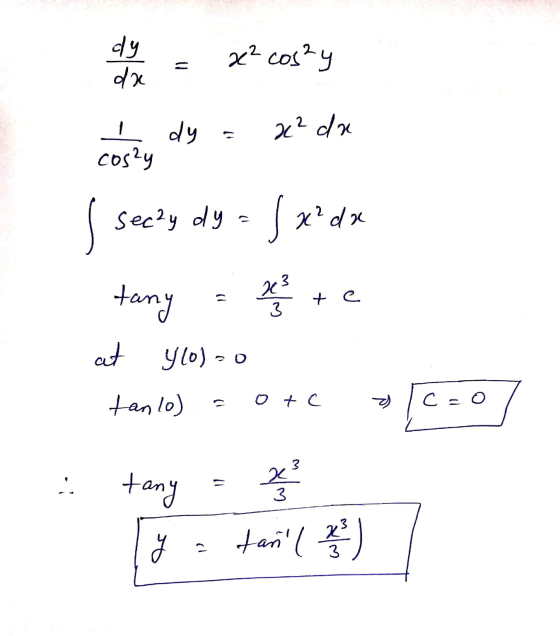 dy da 22 cos2y , 2c² da dy cos2y seczy dy = f x² dx + 구3 tany + e 3 at Yo) > 0 tanlo) O+C C-o 3 tany 즈 3 즉 R tani ( 2 )
