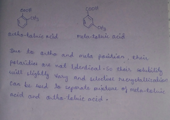 CooH coot 3 autho taluic acid mela talnic acid Due to arthe and meta positiar, theiu pelaities are nat Identical So their sebubi Can lhe baed to separate mintuu acid and wdha-Holuie acid。 meta-tabuic