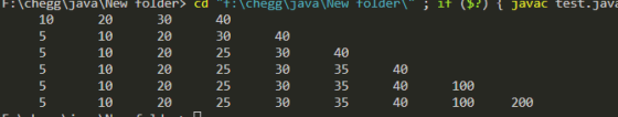 ; if ($?) Javac test.java -:\HomeworkLib\Java New Folder> cd t: HomeworkLib Java New folder 10 20 30 40 5 10 20 30 40 5 10 20 25 30 40 5