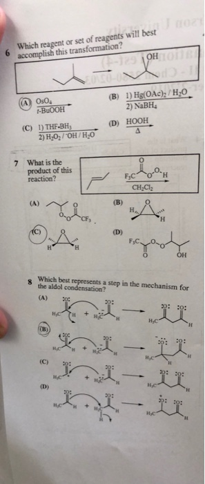 Which reagent or set of reagents will best accomplish this transformation? b OH (A) OsO (B) 1) Hg(OAc); /H:0 2) NaBH, I-BOOH