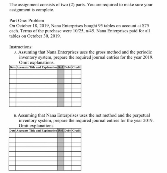 The assignment consists of two (2) parts. You are required to make sure your assignment is complete. Part One: Problem On Oct