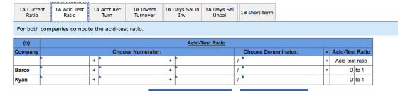 1A Current Ratio 1A Acid Test Ratio 1A Acct Rec Turn 1A Invent Turnover 1A Days Sal in Inv 1A Days Sal Uncol 1B short term Fo