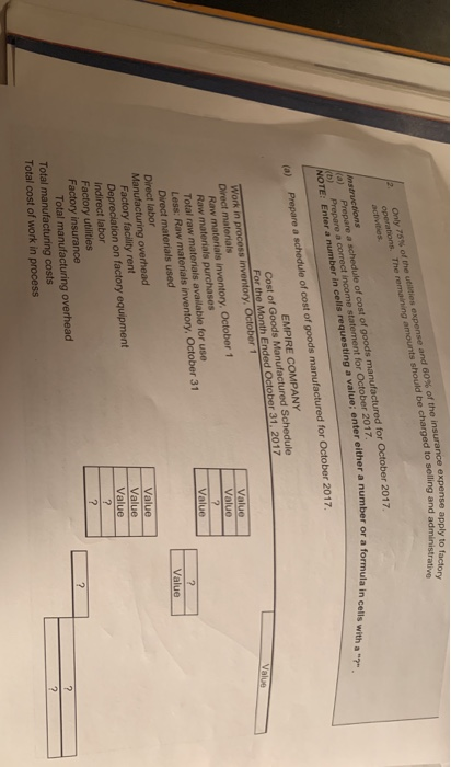 to Cost of Goods Val Value Total raww Less: Raw alue Value Value Value Value Factory facility rent Indirect labor Factory utilities Total Total Total cost of work in process costs