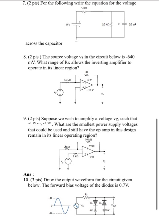 7. (2 pts) For the following write the equation for the voltage SKO 10 O C 20 uF across the capacitor 8. (2 pts) The source v