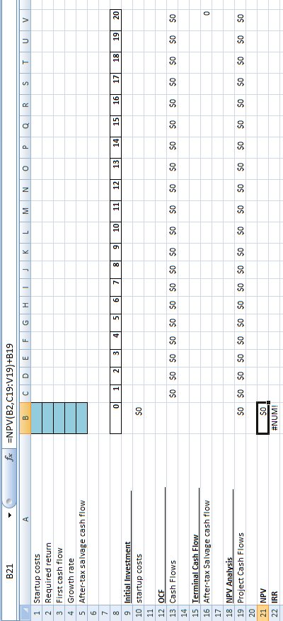 B21 fx =NPV(B2,C19:V19)+B19 B C D E F G H I J K L M N O P Q R S T U V 1 Startup costs 2 Required return 3 First cash flow 4 G