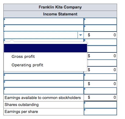 Franklin Kite Company Income Statement 0 Gross profit 0 Operating profit 0 0 Earnings available to common stockholders$ Shares outstanding 0 arnings per share