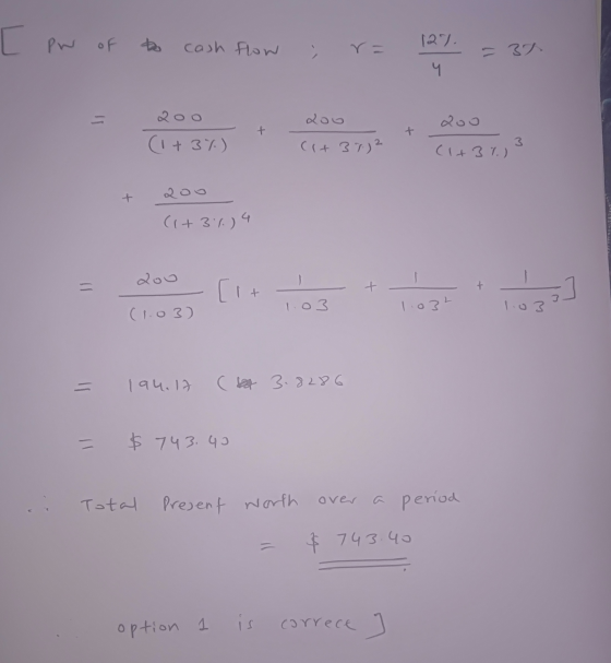 L Pw of to cash flow ; r= 127 = 32 Qoo (1+3%) + อว (+ 37.)2 + doo (+373 + 200 (+3%)4 + 1 200 - (1.03) Ll+ - 1.03 194.17 (ar 3