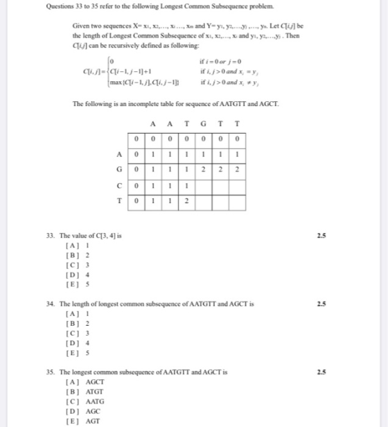 Questions 33 to 35 refer to the following Longest Common Subsequence problem. Given two sequences X-XI, X2,..., ...., X and Y