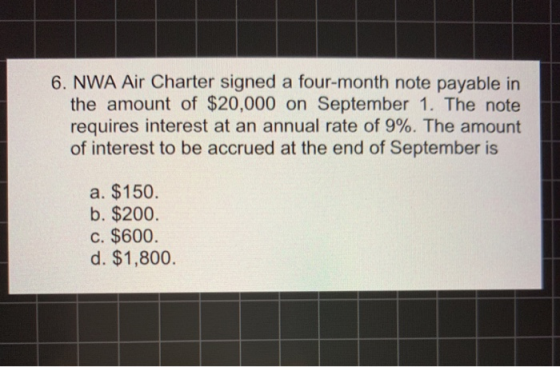 6. NWA Air Charter signed a four-month note payable in the amount of $20,000 on September 1. The note requires interest at an