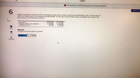 Saved You received no credit for this question in the previous attempt. Check my wor 6. Johnson Corporation acquired all of t