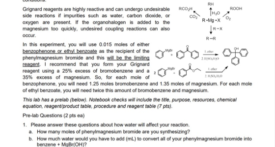 RH ROOH CO TO R-R MgBr 1.ether 2.11-SO/10 Icther Grignard reagents are highly reactive and can undergo undesirable RCOH TH₂O