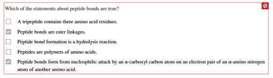 Which of the statements about peptide bonds are true? D A tripeptide contains three amino acid residues. Peptide bonds are es