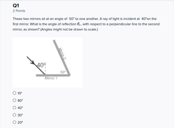 Q1 2 Points These two mirrors sit at an angle of 50° to one another. A ray of light is incident at 40°on the first mirror. Wh