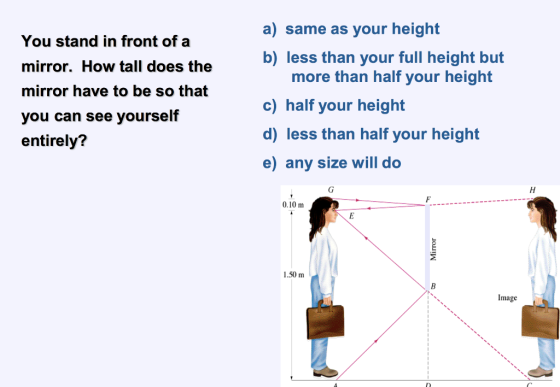 You stand in front of a mirror. How tall does the mirror have to be so that you can see yourself entirely? a) same as your he