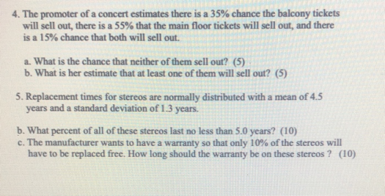 4. The promoter of a concert estimates there is a 35% chance the balcony tickets will sell out, there is a 55% that the main