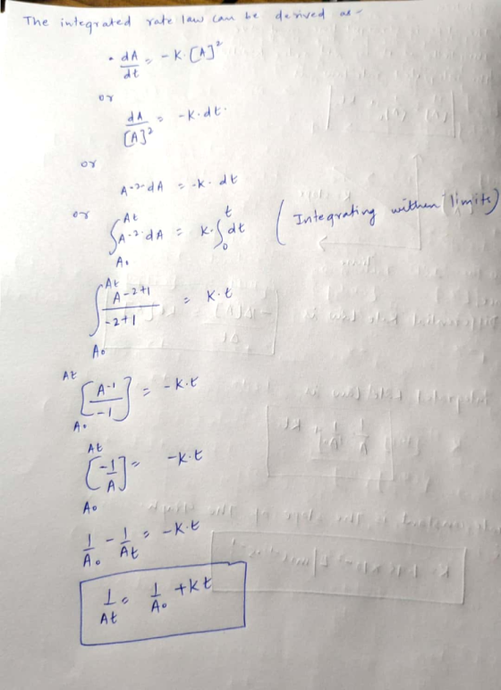 The integrated rate law can be derived dA, - k. [A] -kodt. OY A-2 d A k dt AL Integrating withen limite) .3.0 A - K CA 2+1 -k