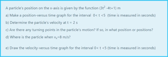 A particles position on the x-axis is given by the function (3t-4t+1) m a) Make a position-versus time graph for the interva