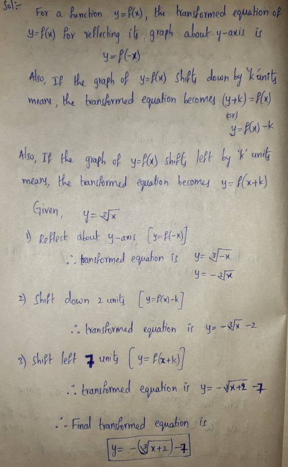 Soli- For a funchón y = f(x), the transformed equation of y = f(u) for reflecting its graph about y-axis is y = f(-x) Also, I