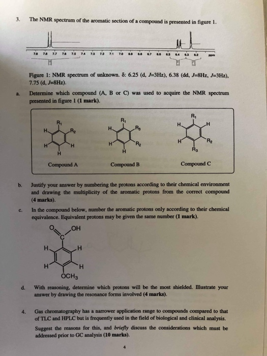 The NMR spectrum of the aromatic section of a compound is presented in figure 1. 3. 78 7.7 74 7.5 74 73 7.2 7.1 70 7 64 3 62
