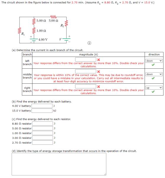 The circuit shown in the figure below is connected for 2.70 min. (Assume R. = 8.80 N, R2 = 2.70 1, and V = 15.0 V.) 5.00 23.0