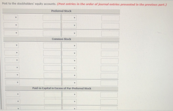 Post to the stockholders equity accounts. (Post entries in the order of journal entries presented in the previous part.) Pre