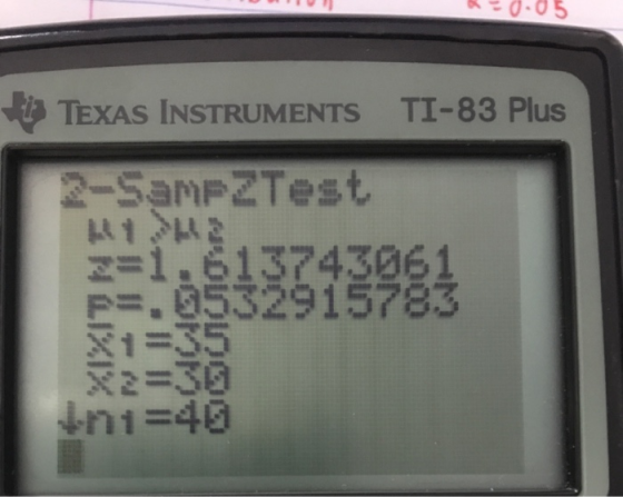 TI-83 Plus TEXAS INSTRUMENTS 2-SampZTest z=1.613743061 p=.0532915783 =35 X=30 ni 40