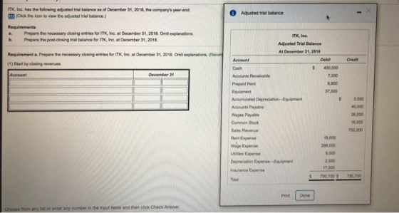 ITK, Inc. has the following adjusted trial balance as of Deoember 31, 2018, the companys year end EEB (Click the icon to view the adjusted trial balance.) Adjusted trial balance a. Prepare the necessary dlosing entries for ITK, Inc. at December 31, 2018. Omit explanations b. Prepare the post-closing trial balance for ITK, Inc. at December 31, 2018 ITK, Ine. Adjusted Trial Balance At December 31,2018 Requirement a. Prepare the necessary closing entries for ITK, Inc. at December 31, 2018. Omit explanations. ( (1) Start by closing revenues Debit Credit Cash Accounts Receivable Prepaid Rent 400,000 7,000 9,900 37,500 December 3 Accumulated DepreoiationEquipment Accounts Payable Wages Payable Common Stock Sales Revenue Rent Expense Wage Expense Usities Expense 2,500 40,000 28,000 18,000 02,200 19,800 288,000 9,000 2,500 17.000 Insurance Expense s790,700 s 790,700 Total Print Done any list or enter any number in the input fields and then click Check Answer input fields and then click Check Answer