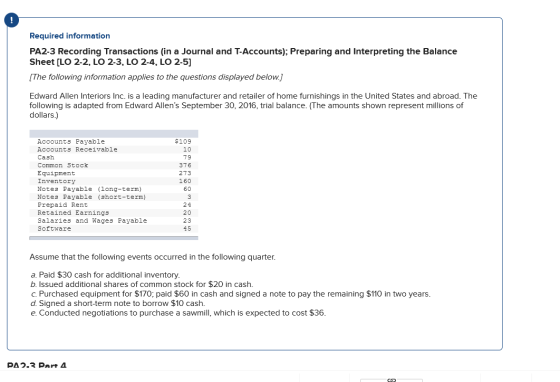 ! Required information PA2-3 Recording Transactions (in a Journal and T-Accounts); Preparing and Interpreting the Balance She